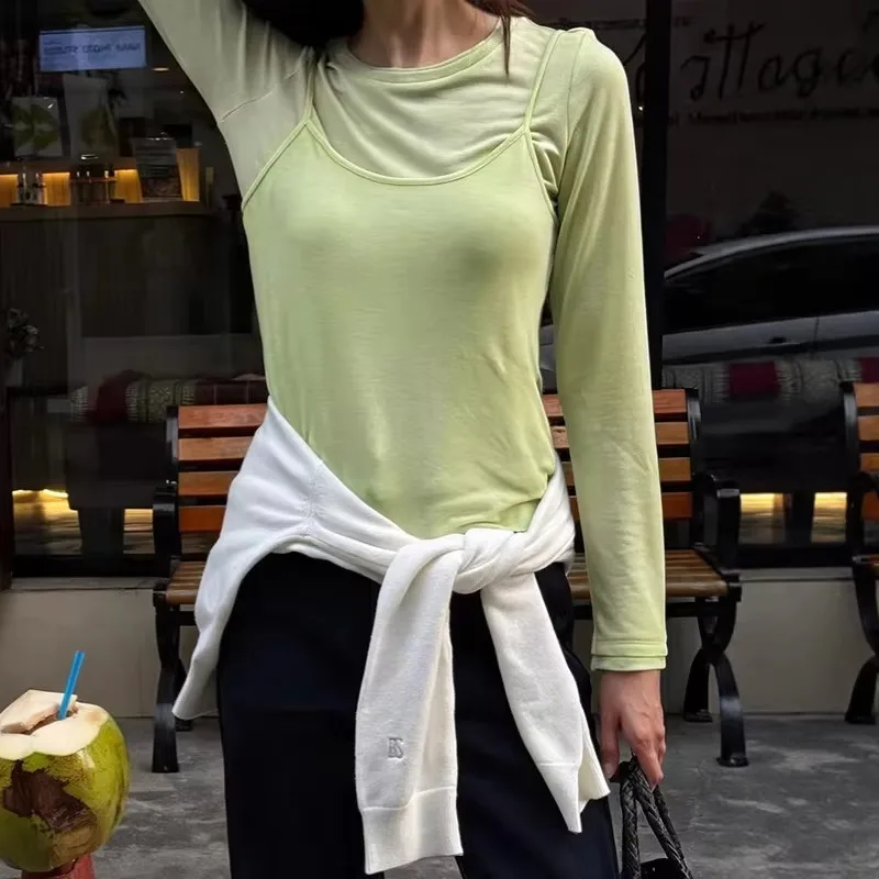New Solid Bottom T-Shirt Two Pieces Set Soft Casual Long Sleeve Top Spaghetti Tank Top 2026 Summer Autumn Female Tees Top Chic
