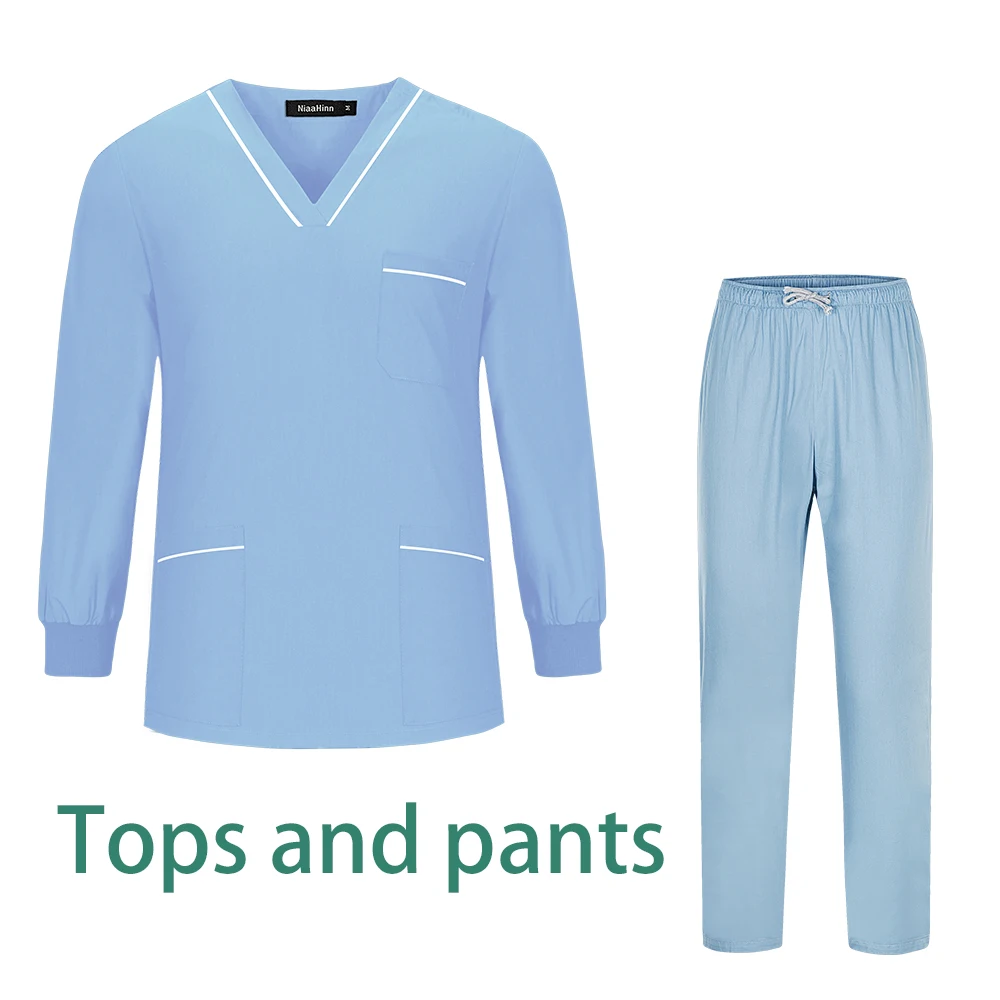 Abito a maniche lunghe in tinta unita unisex Lab Spa Abbigliamento da lavoro infermieristico Slim Scrub medico Uniforme Infermiera Dottore Abito chirurgico all'ingrosso