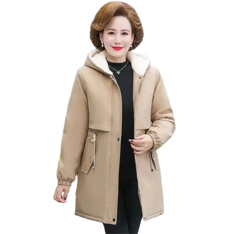 Winter Mid-Long Cotton Jacket Women 2023New Loose Hooded Coat Pure Colour Thicken Outerwear Fashion Pocket Parka Overcoat Female