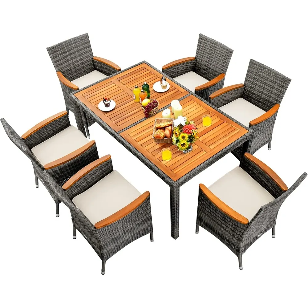 

7 Pieces Outdoor Dining Furniture Set, Patio Rattan Conversation Set with Spacious Acacia Wood Table, 6 Chairs with Widened Arm