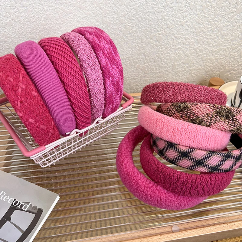 

Vintage Rose Pink Headband For Women French Tweed Plaid Knited Hair Band Hoop Hair Accessories For Women Girls Christmas Gift