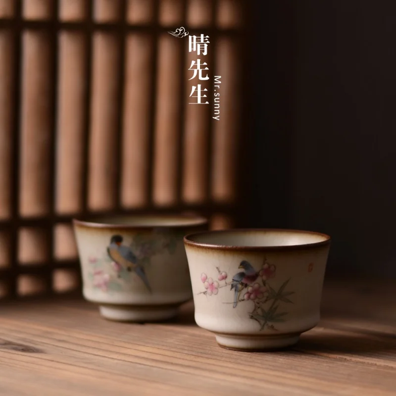 ★Hand Drawn Flowers and Birds Cups Hand Held Cup Jingdezhen Handmade Ceramic Cup Tea Set for Young Artists in Stock