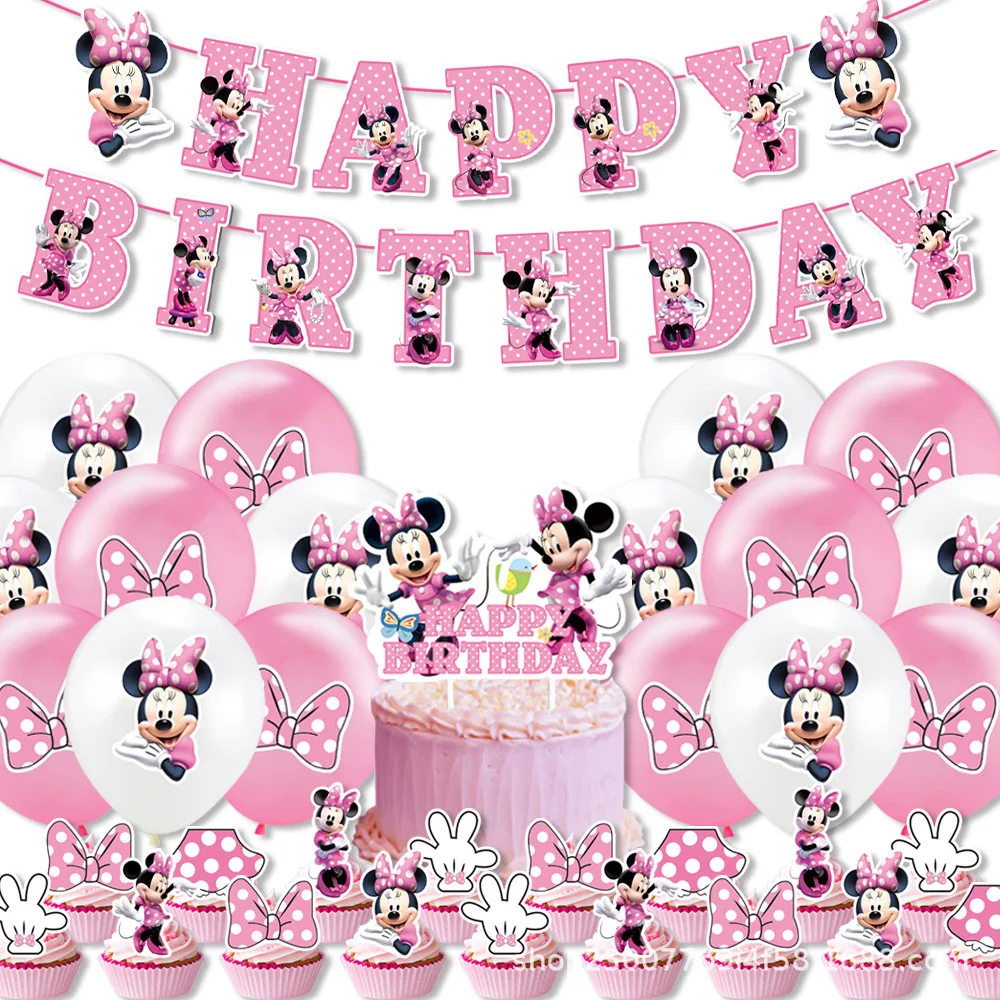 Disney Minnie Mouse Birthday Party Decoration Princess Girl's Party Supplies MInnie Mouse Tableware Balloon Banner Paper Cup