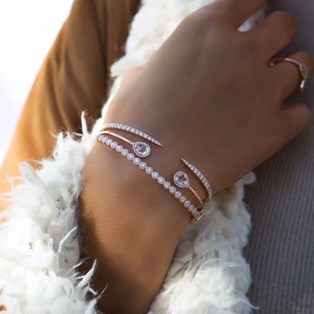 rose gold Color Clear CZ Charm Bracelets & Bangles For Women Star With Moon WEDDING Bangle Jewelry Wholesale Pulseras