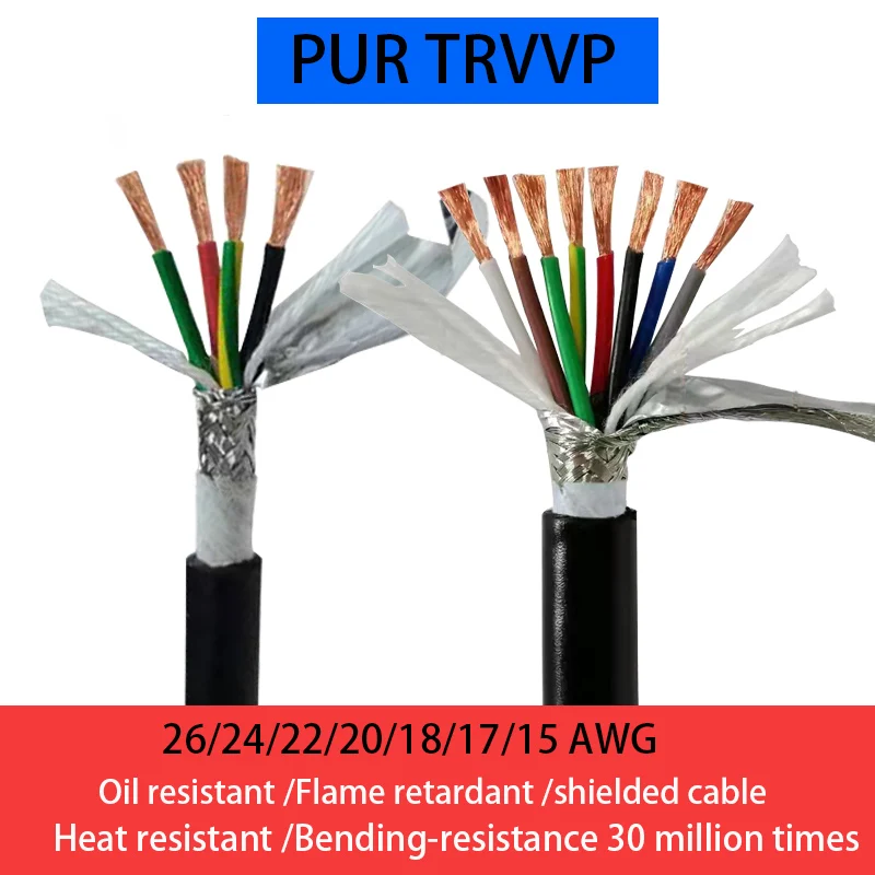 

PUR TRVVP Shielded Cable 26/24/22/20/18/17/15AWG High-flexible Cable Oil Resistance Heat-Resistant/Bending Resistance 30 million