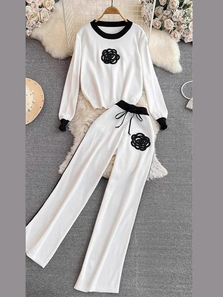 New Autumn Korean Fashion Casual Knit Two Piece Set Women Sweater Top + Wide Leg Pant Suits Tracksuit 2 Piece Sets