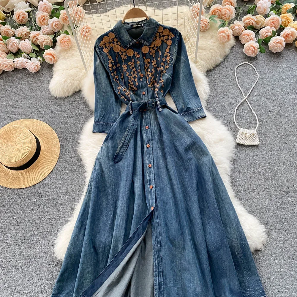 Robe longue en denim de coton pour femme, broderie florale ethnique, robes à manches longues à revers, robe trapèze bohème décontractée, robe éducative d'été pour femme