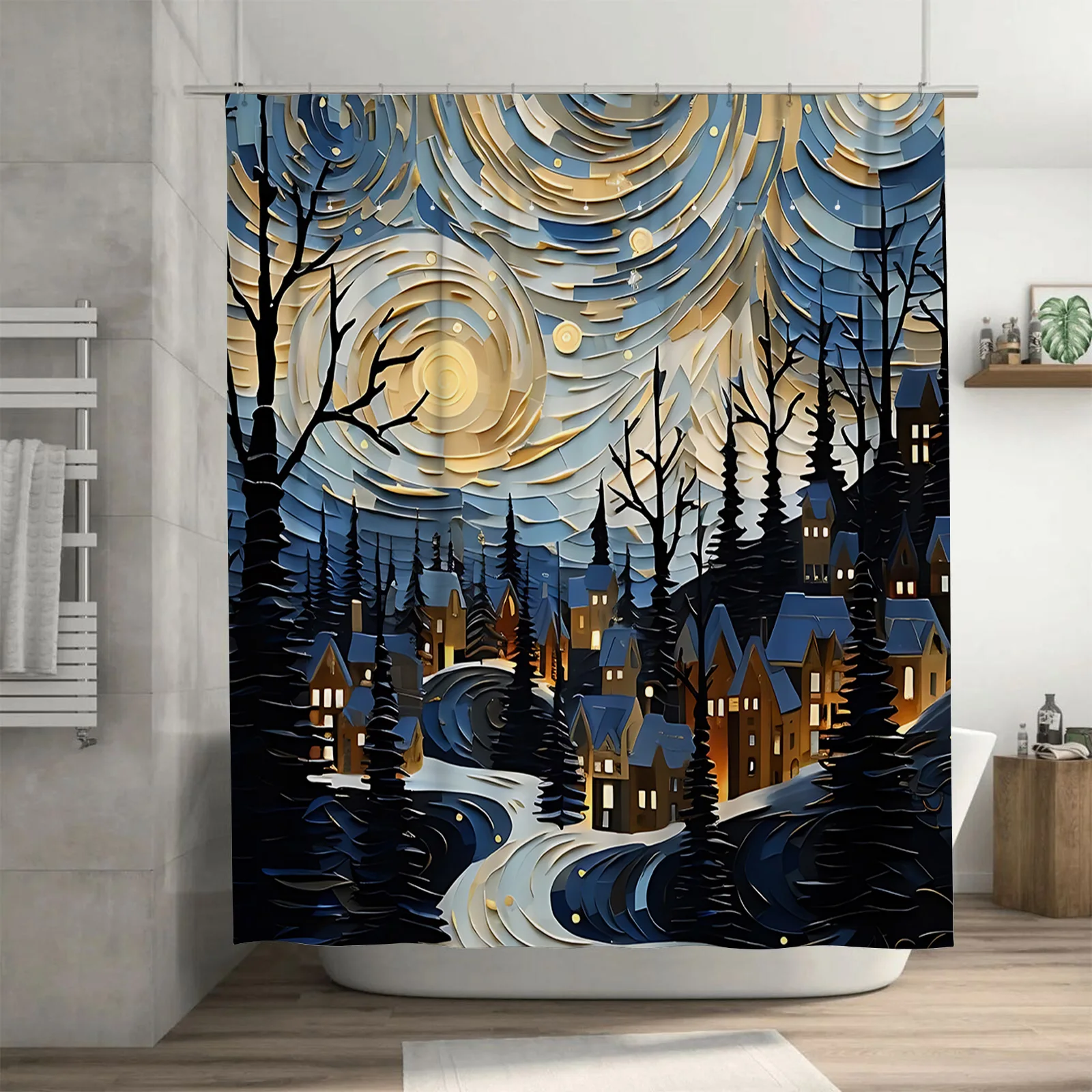 

Starry Night Scene Shower Curtain - Artistic Landscape Design for Bathroom - Waterproof and Durable -Ideal Home Decor Easy-Clean