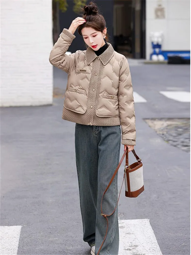 Turn Down Collar Women Splices Parkas Winter Coat Women Thicken Warm Cotton Padded Jackets Female Puffy Winter Jacket Outwears