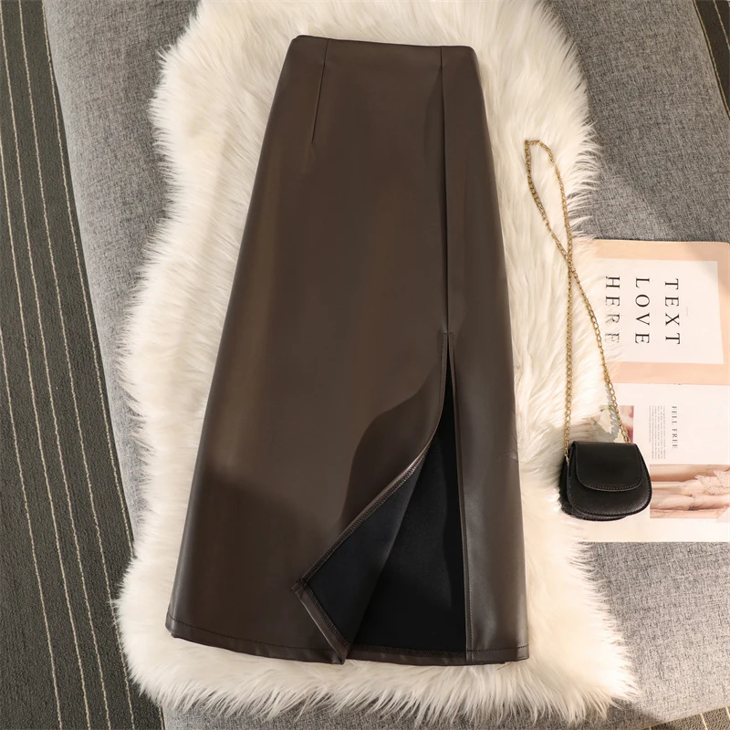 

Women's Skirt Ladies Spring Autumn Pu Leather Solid Color High Waist Mid-Length A-Line Split Skirts for 18-24 Years Old