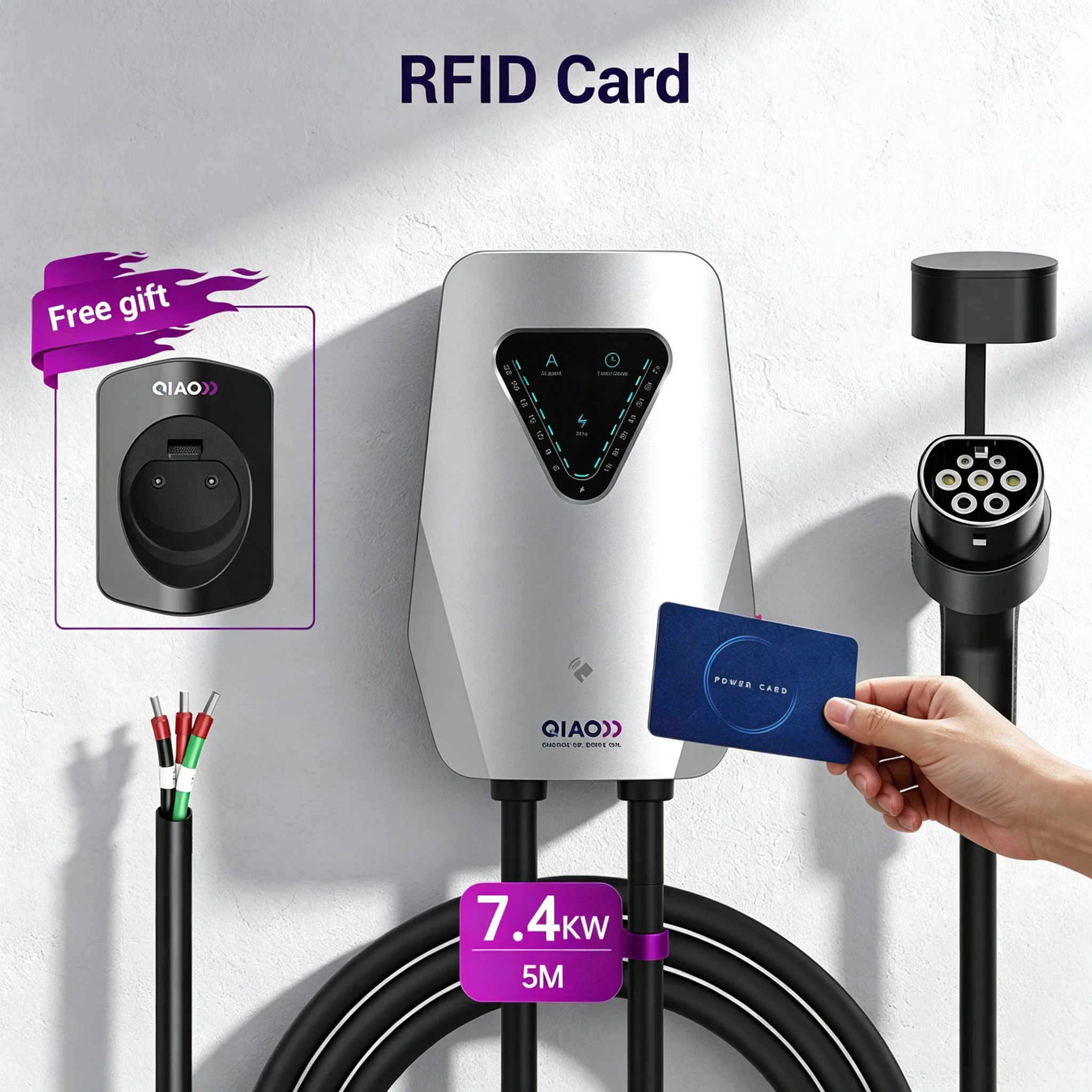 QIAO Type 2 EV Charger Wallbox Electric Vehicle Car Charging 32A 16A 7.4KW 11KW 22KW EVSE Cable IEC62196-2 Adjust Current Timer