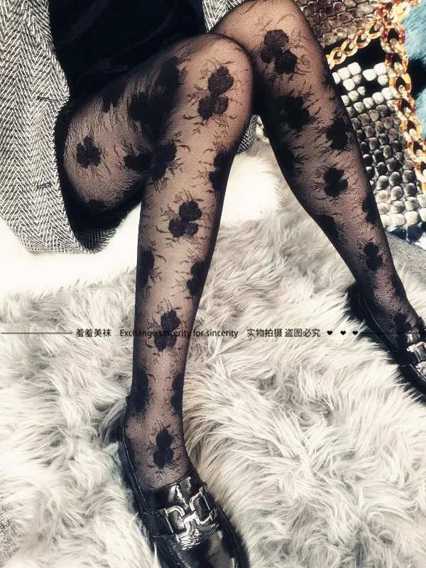Italian Style Pantyhose, French Lace Mesh Rose Jacquard Tights, Simple Vertical‑Stripe Trendy Ins Women Fashion Stockings