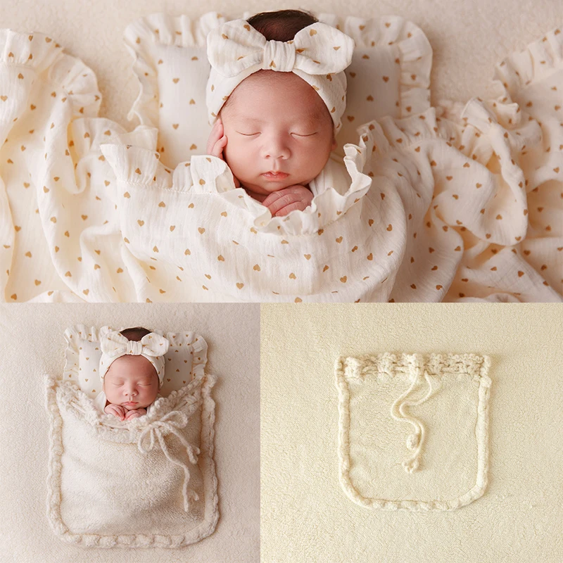 Newborn Photography Wrap Soft Beige Backdrop Blanket 0-1 Month Baby Shoot Background with Pocket Bow Headband Pillow Photo Prop