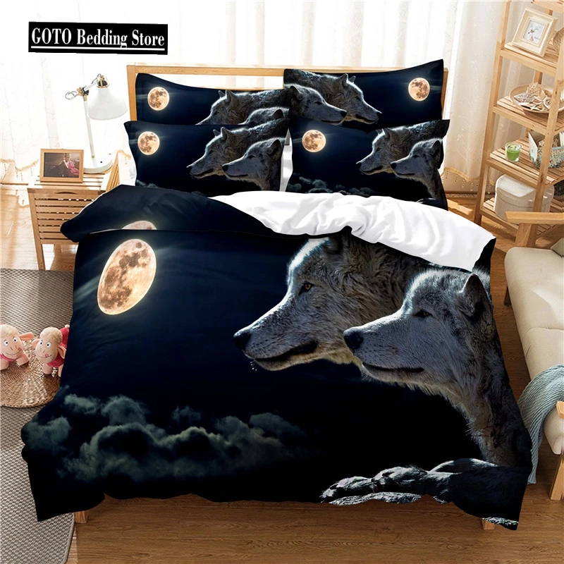 

Dropship China Bedding Set Home Textile Print Western Stars Moon Wolf Bedroom Duver Cover + Pillowcases Full Size Bed Set Animal