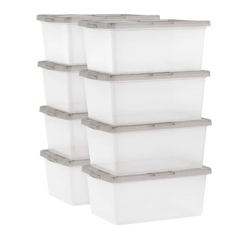 

17 Qt. Stackable Box, Plastic Storage Bins with Lids, Clear, Gray Lid, Set of 8