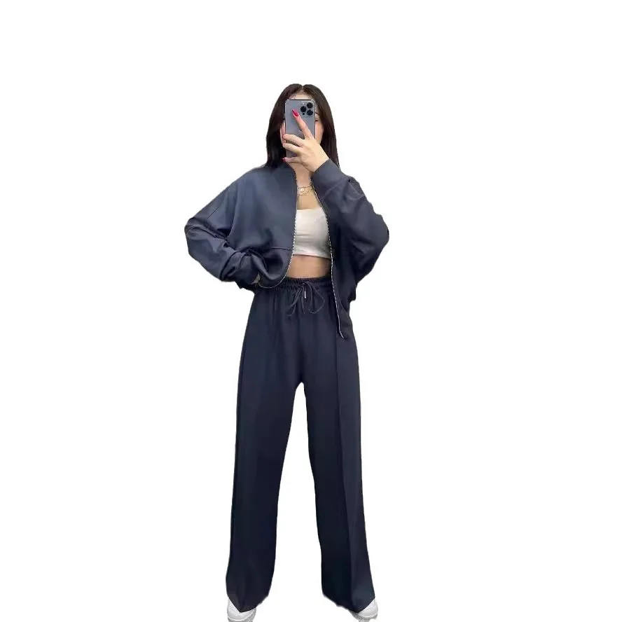 

2025 Spring New Fashion Set Solid Color Zipper Cardigan Straight Pants Set 1086