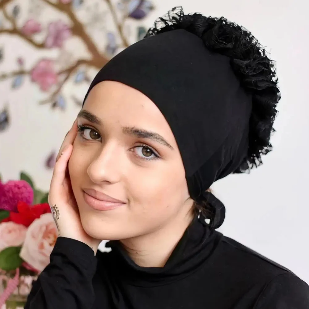 New Pure Color Milk Silk Flower Hat Muslim Turban Lace Flower Breathable Headscarf Beanie Arab Hat Women Head Wrap Hijabs