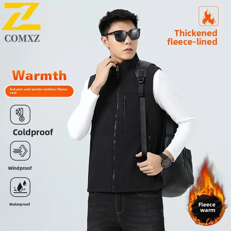 

COMXZ Softshell Vest Autumn Winter Fleece Men Outdoor Sports Thickened Sleeveless Jacket Stand Collar Windproof Gorpcore Coat