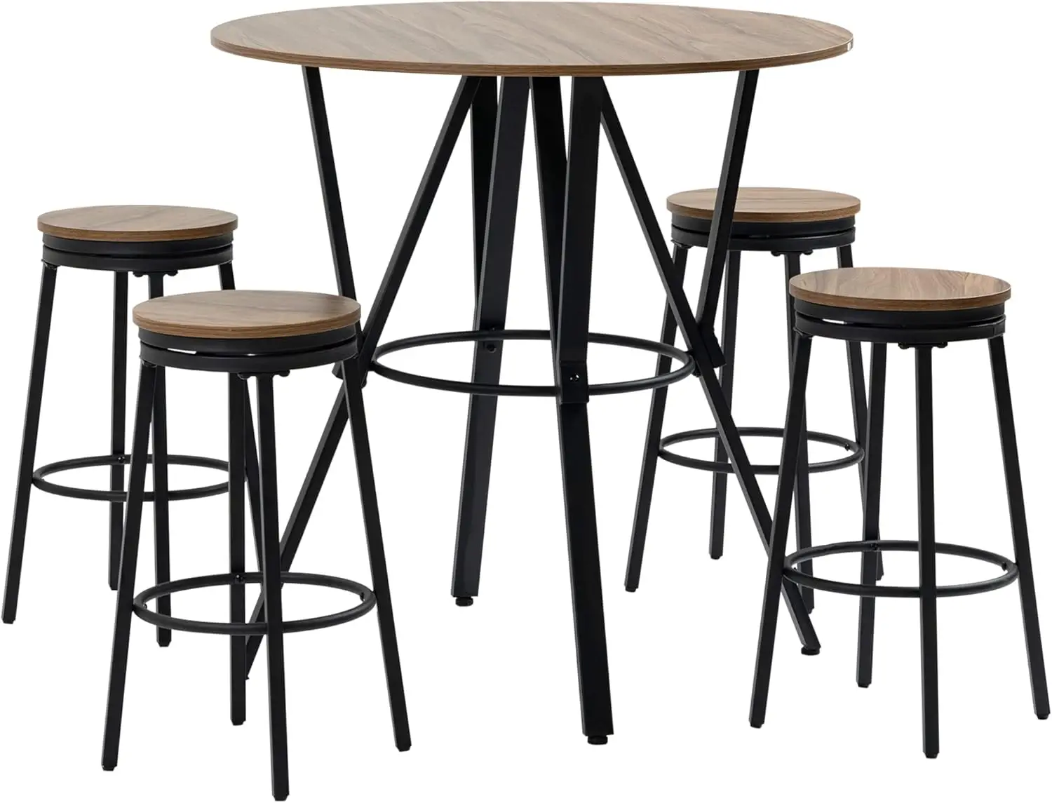 Homcom 5-Piece Bar Table And Chairs Set With Swivel Seat, Industrial Round Kitchen Table And 4 Bar Stools For Pub, Dining Room,