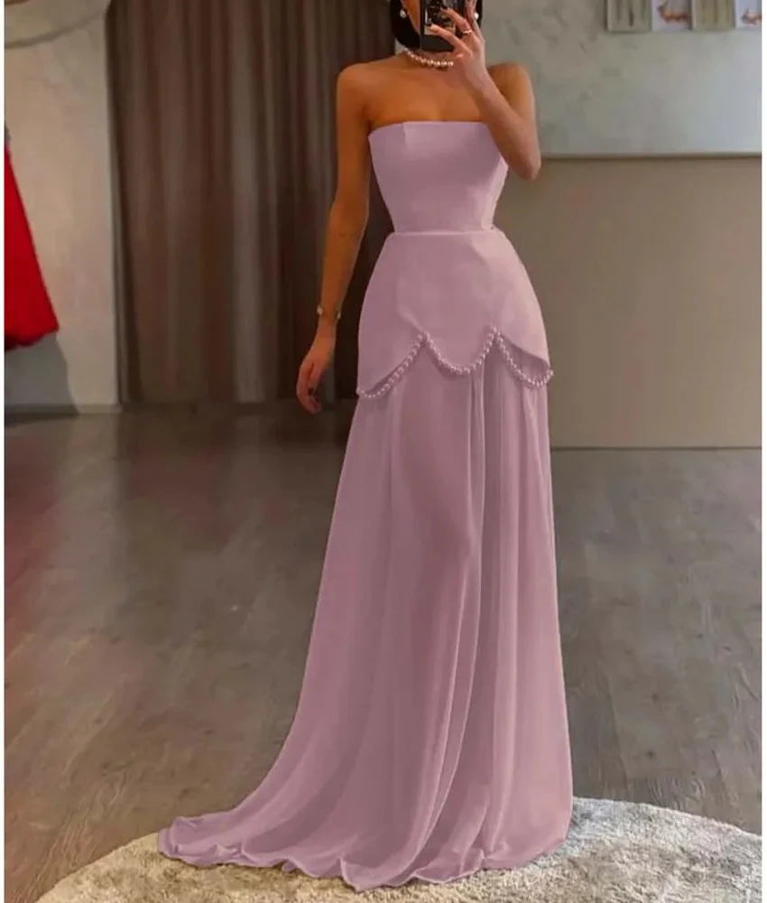 

Customized Sexy Tulle A-Line Beading Pearls Evening Dress High Quality Sleeveless Strapless Floor Length Celebrity Gowns