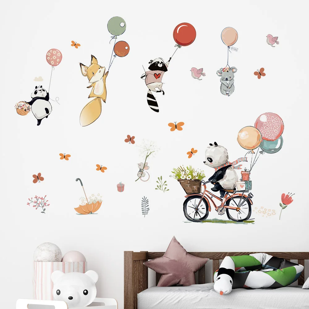 Cartoon Animal Balloon Panda Cycling Wall Sticker Decoration Bedroom Living Room Background Art Stickers PVC Kindergarten