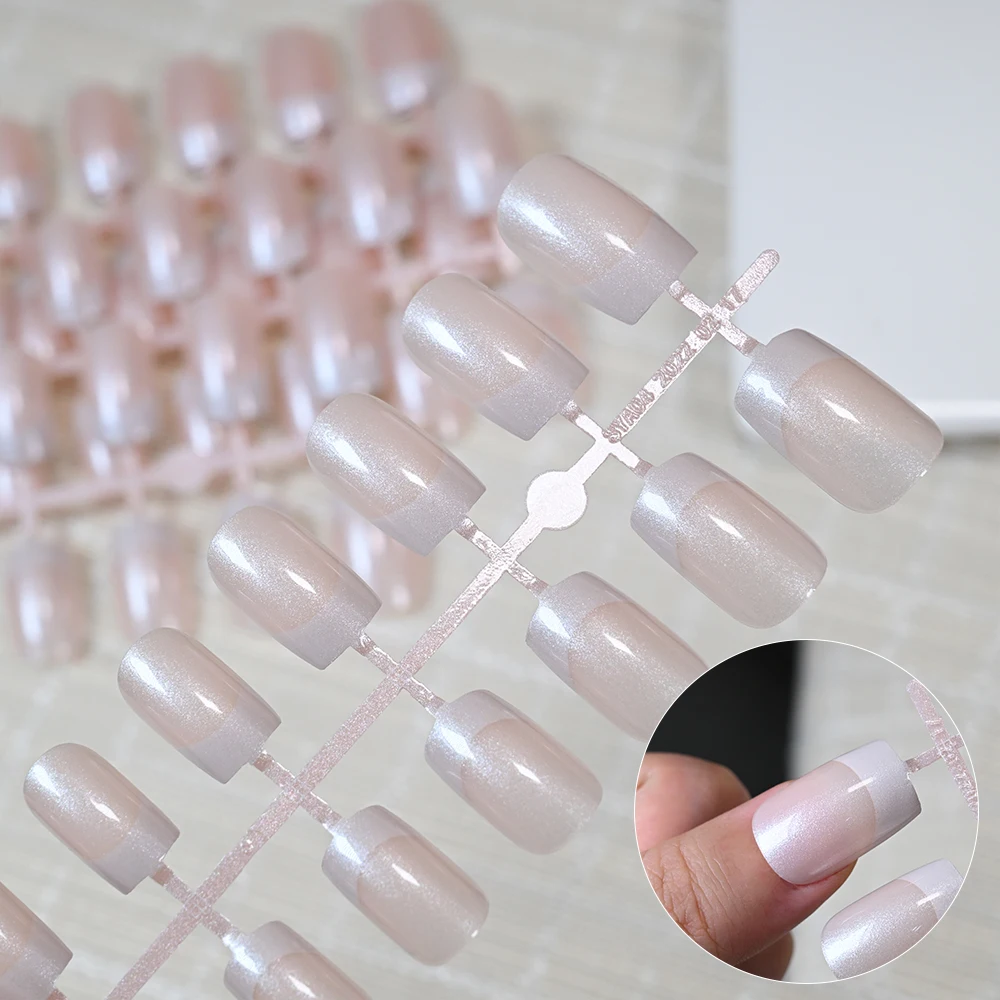 120Pcs French Pearlescent Medium Square False Nails Glossy Acrylic Full Cover Fake Nails Tips Extension Wearable Press On Nails