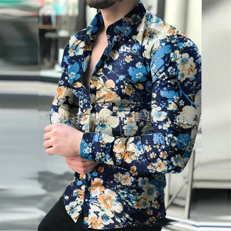 Summer Color Lines 3D Floral Print Men's Long Sleeve Shirt Single Row Zipper Fashion Design Long Sleeve Shirt Lapel Male Top