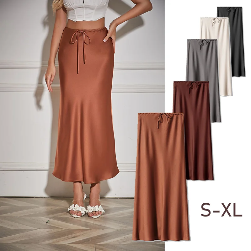 

Commuter Elegant Office Lady Satin Long Dress High Waist Lace Up Solid Color Skirt For Women 2024 New Summer Fashion Vintage