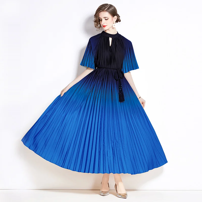 Miyake Original 2024 Gradual Change Printing Pleated L Fringed Pleated Dress Summer Dress Women 2022 Vestido High Strecth