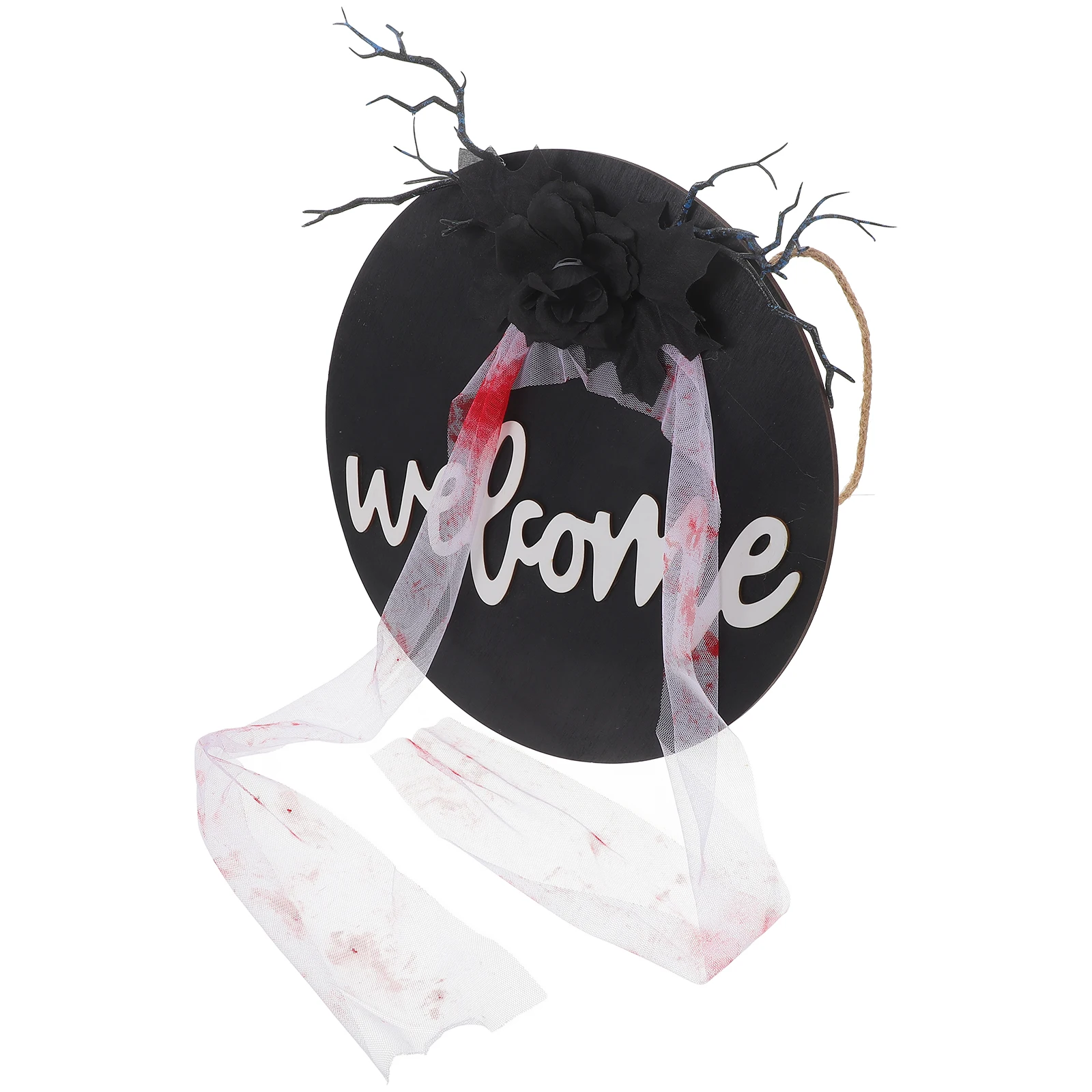 

Welcome Sign Black Ribbon Decorations Silk Wood Halloween Door Prop DurableHaunted House Party Favor Garden