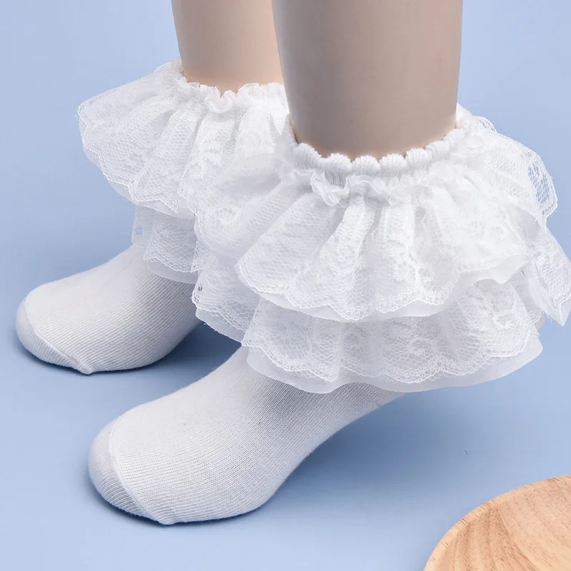 Girls Lace Ruffle Frilly Princess Cotton Ankle Socks White Kids Child School Party Wedding Latin Dance Socks Spring