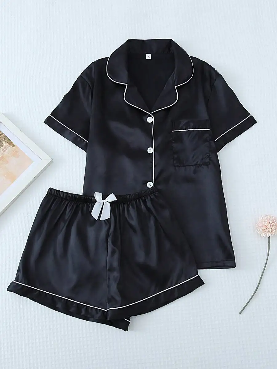 

Satin Blue Pajama Set For Women Short Sleeve Lapel Top And Bowknot Shorts Homewear Two Piece