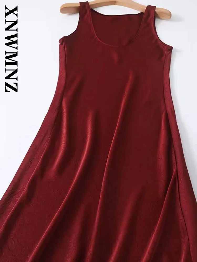 Xnwmnz 2025 verão nova mulher chique vestido de cetim maxi saia vintage feminino cor sólida o-gola sem mangas topo regular ajuste vestidos