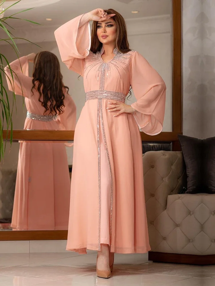 Robe de soirée marocaine pour femmes, abaya musulmane, col montant, mode Dubaï Abayas, diamant, caftan, robe élégante, robe éducative, Turquie