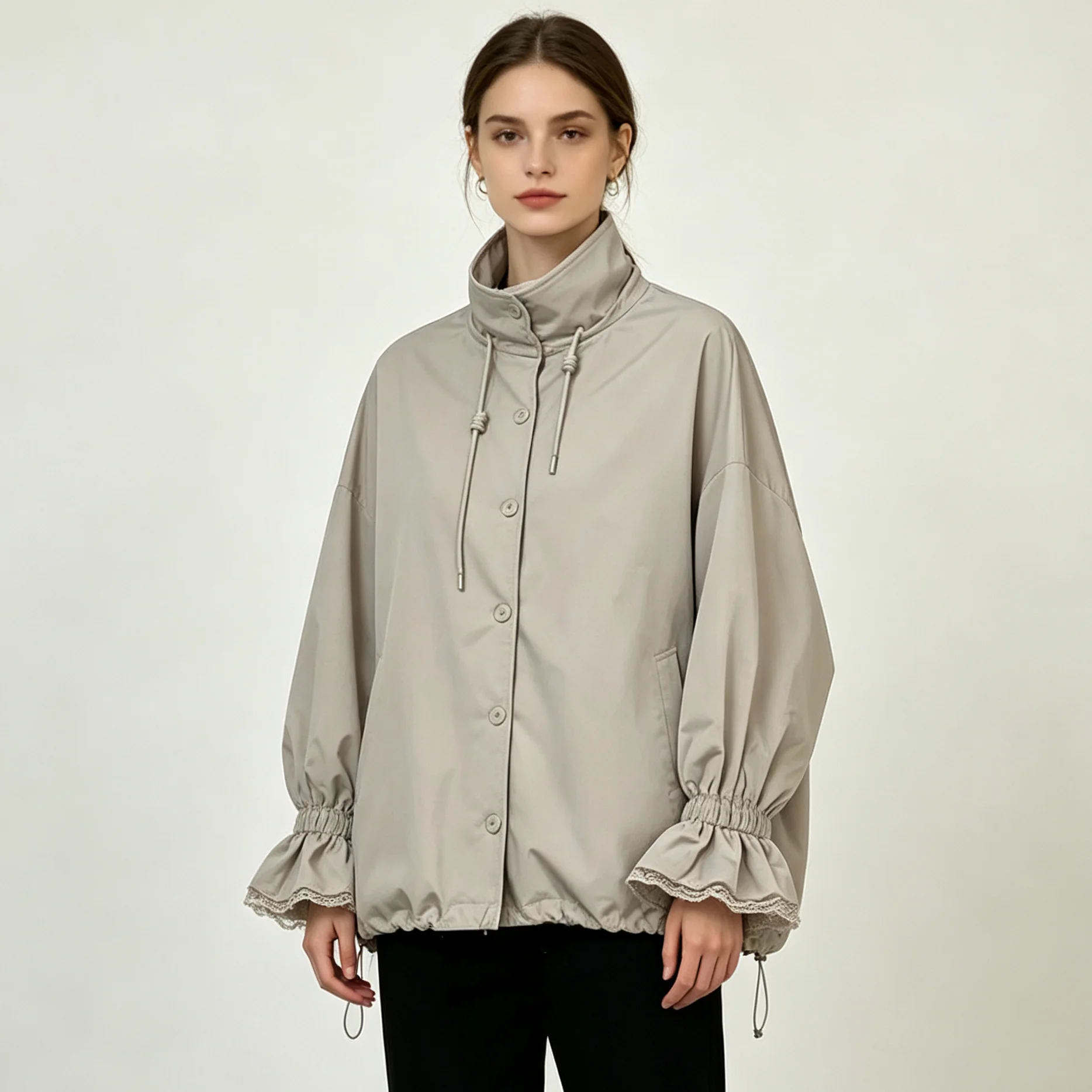RU 2026 New Stand Collar Wind Coat Ladies Lace Ruffle Cuff Drawstring Hem Jacket Suitable For Fall Winter Street Daily Wear