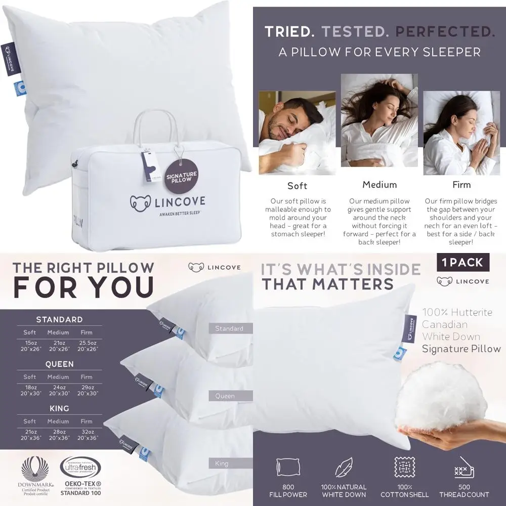 

Luxury Canadian White Down Pillow - 100% Natural, 800 Fill Power, 500 Thread Count Cotton Shell