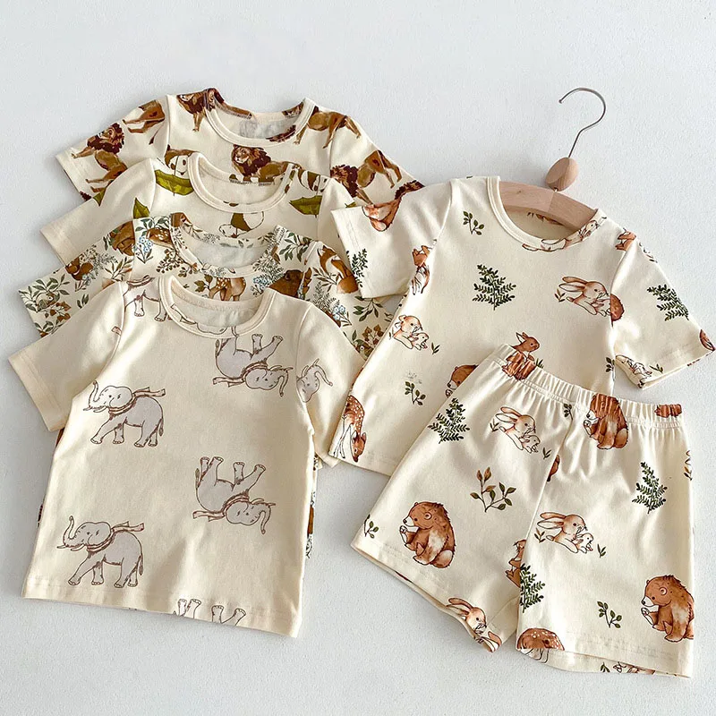 Milangel-Conjunto de ropa de verano para niños, traje de camiseta y pantalones cortos de algodón puro con estampado Animal, 2 piezas