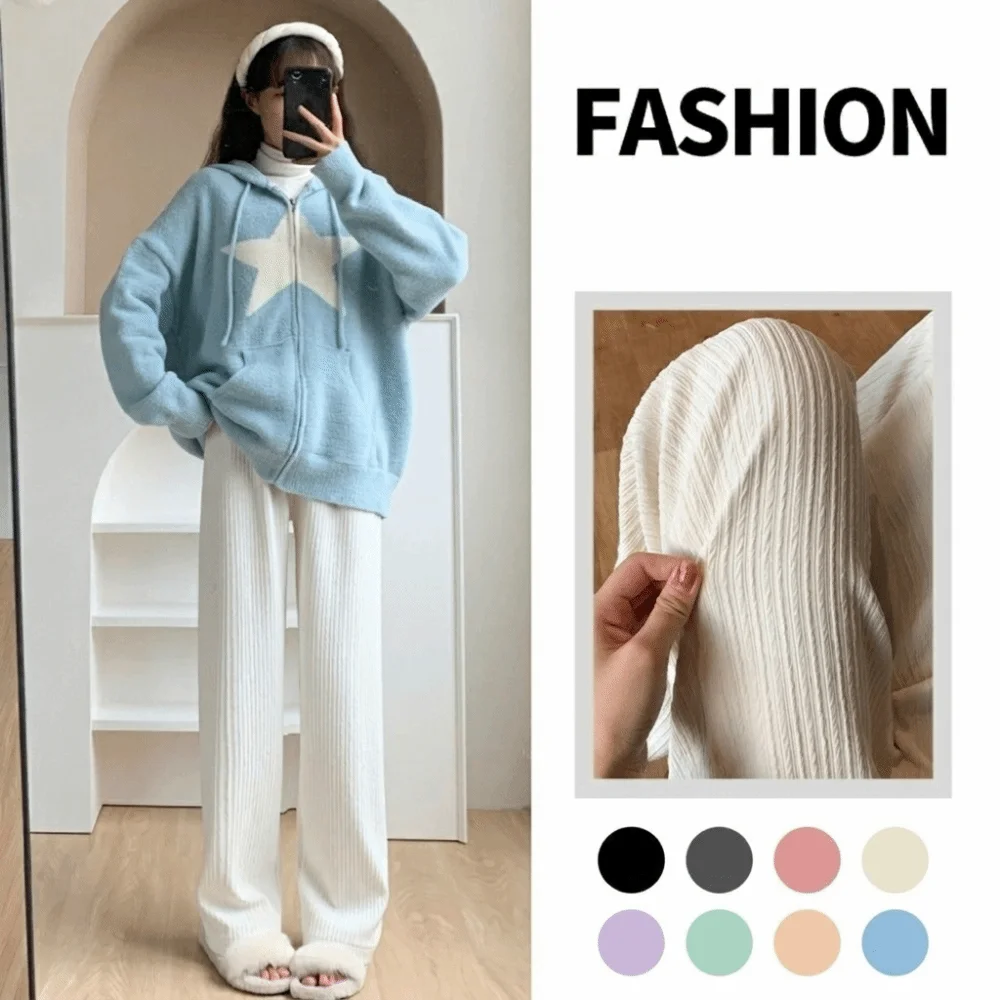 Crinkle Fabric Wide Leg Pants Ultra Thin Floor Length Straight Leg Trousers Pleated Texture Drapey Casual Trousers Street Style