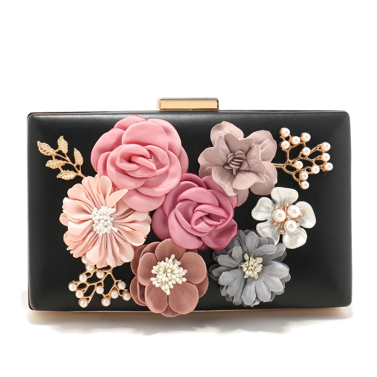 Flower Women Evening Bags Fashion Cute Girl Lady Clutch With Pearl Diamonds Handbags Glitter Spring Season Pink Color Shoulder C