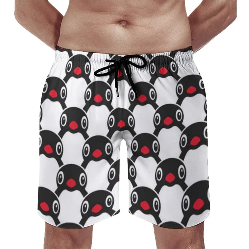 Calções de praia estampados pinguim 3D masculino, desenho animado fofo, padrão animal, calções de surfe, férias de verão, calças curtas infantis