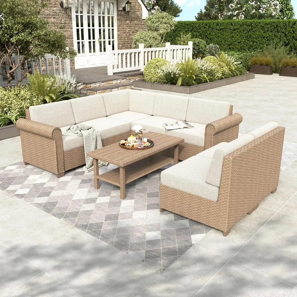 

All-Weather 7-Seat Outdoor Wicker Sectional Sofa Set with 44 Coffee Table and 5.5 Thick Waterproof Cushions for Patio, Garden, D
