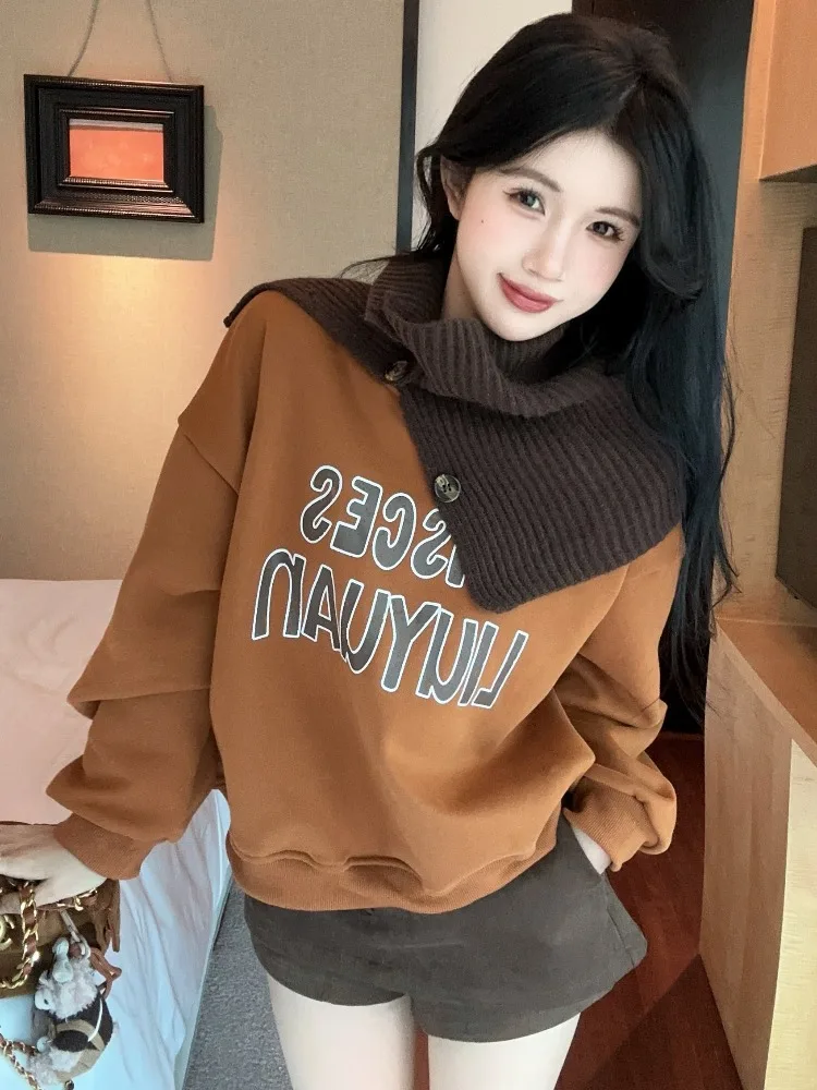 

Casual Lazy Style Long Sleeve Hoodie Autumn Winter Fleece Lined Loose Warm Top Velvet Loose Slimming Outerwear for Women