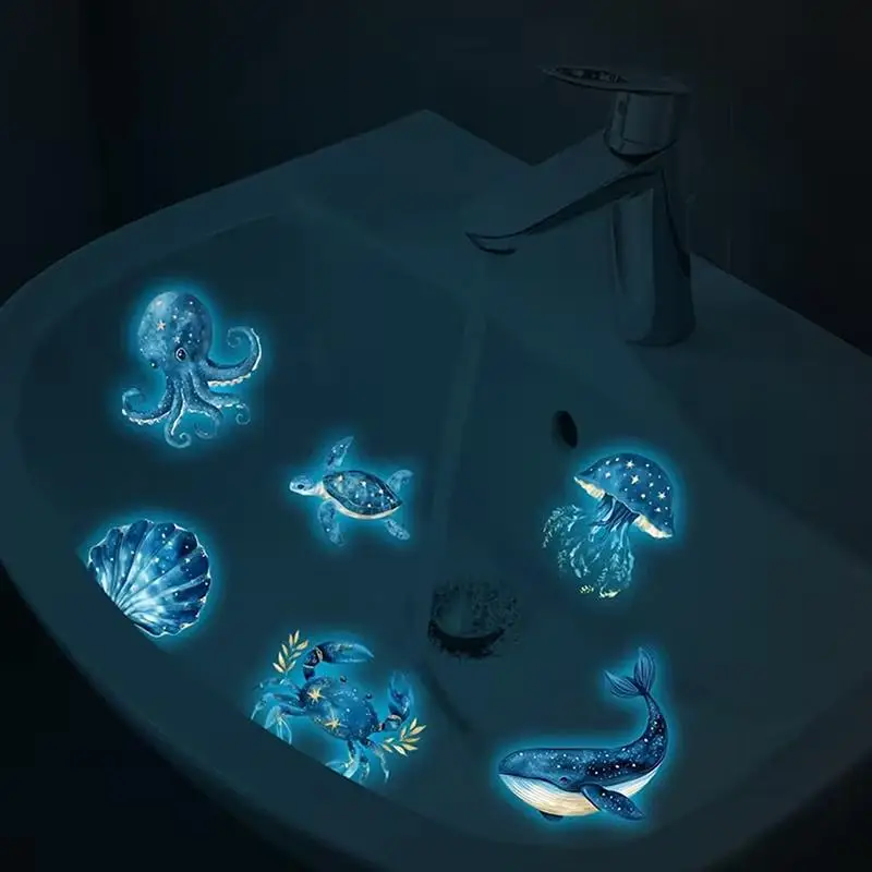 Marine Life Theme Glow in the Dark Glass Stickers Luminous Toilet Decals Self Adhesive Kids Bathroom Decor