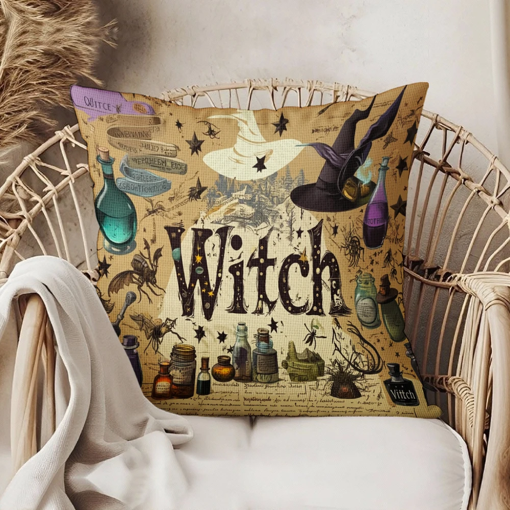 Square Throw Pillow Beige Vintage Witch Hat Potion Bottles Magic Print For Halloween Home Sofa Bedroom Living Room Decor