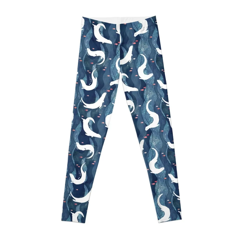 Swimming otters on navy blue Leggings sports for gym Legging sport trousers Womens Leggings