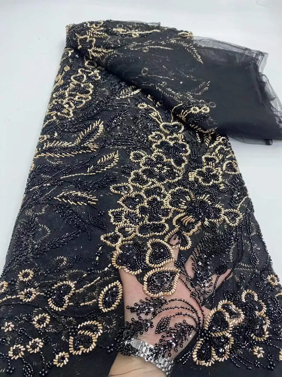 แอฟริกันHeavyลูกปัดผ้าลูกไม้ 2025 คุณภาพสูงไนจีเรียSequinsเจ้าบ่าวลูกไม้ภาษาฝรั่งเศสคําTulleผ้าสําหรับชุดปาร์ตี้เย็บDP