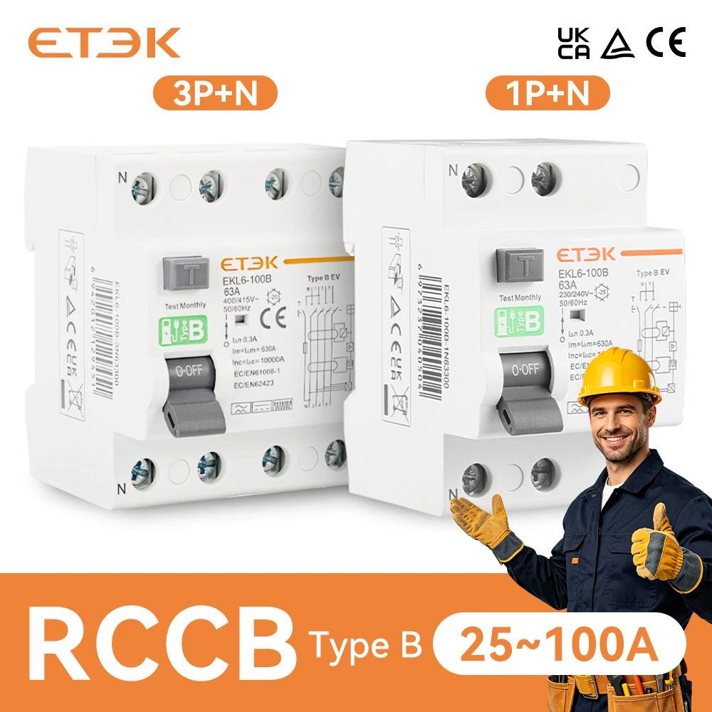 etek-type-b-rcd-earth-leakage-current-breaker-rccb-din-rail-2p-4p-40a-63a-100a-30ma-300ma-for-ev-charger-rcd-ekl6