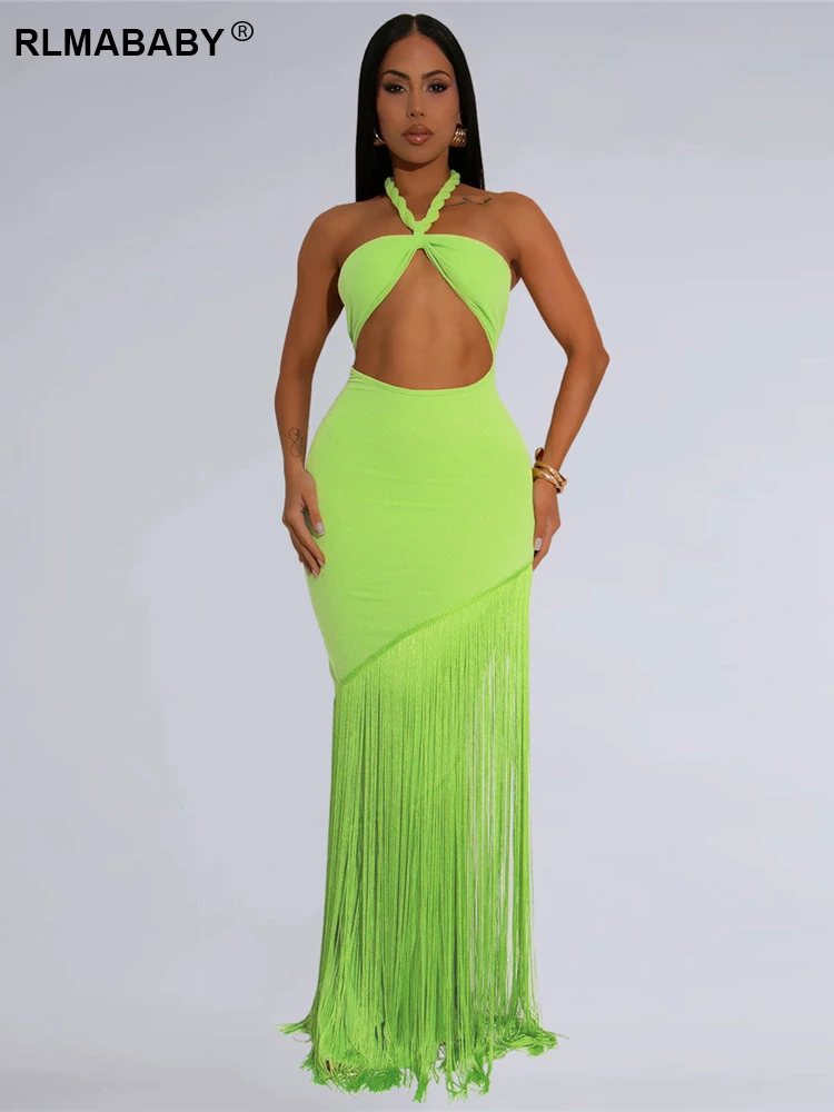 

RLMABABY Sexy Halter Splice Tassel Women Summer Sheath Long Dress Strapless Backless Hollow Out Club Party Bodycon Maxi Dress