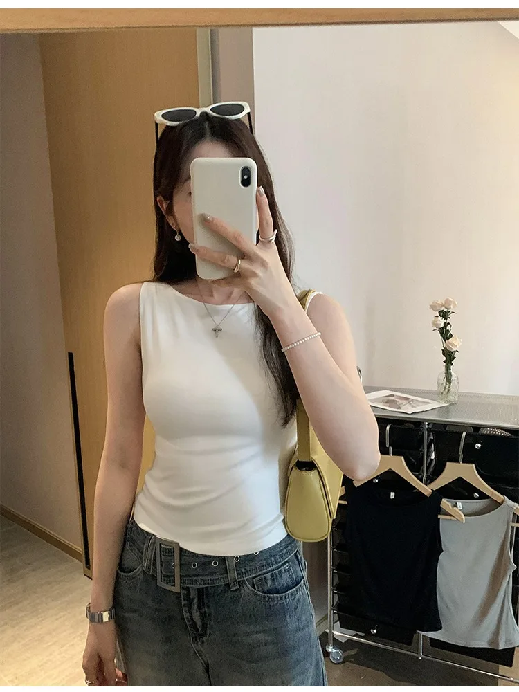 슬림핏 라운드 네스벨 베스트 티셔츠 여성 여름 섹시 캐주얼 슬림 퓨어 컬러 베이스 레이어 탑 PPHOME