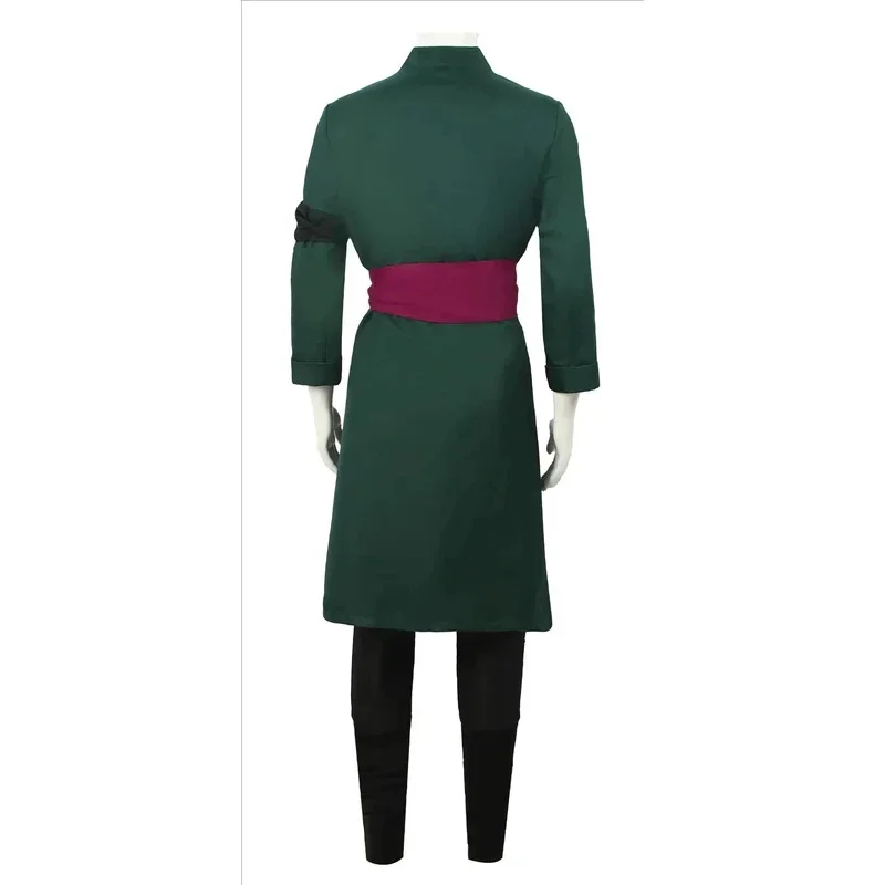 Anime Roronoa Cosplay Costume Uniform Green Coat Belt Pants Head Scarf Roronoa Zoro Wig Halloween Men view 4